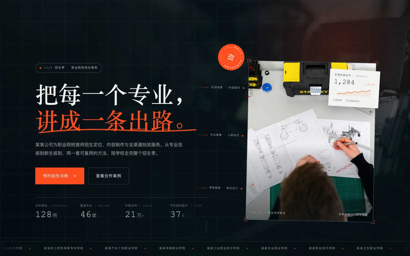 职业院校招生服务网站首屏,定位语、四个数据与预约诊断入口